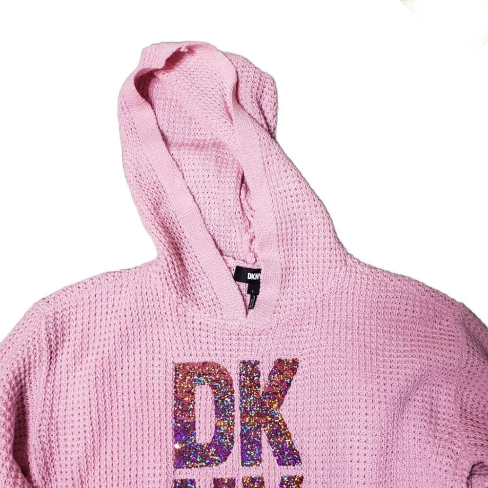 DKNY Girls Sz L Pink Flip Sequin Knit Hoodie Sweater(1486)